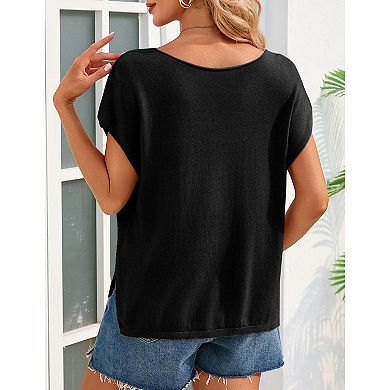 Women's V-Neck Cap Sleeve Knit Sweater Casual Loose Fit Pullover Sweater