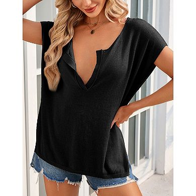 Women's V-Neck Cap Sleeve Knit Sweater Casual Loose Fit Pullover Sweater