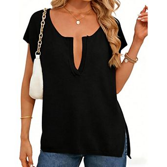 Women's V-Neck Cap Sleeve Knit Sweater Casual Loose Fit Pullover Sweater