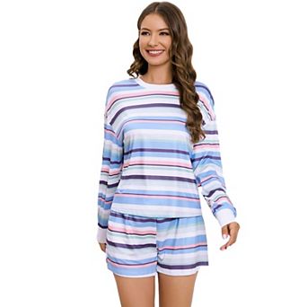 Womens Striped Short Sets 2 pc Outfits Long Sleeve Shirts and Shorts Matching Lounge Set