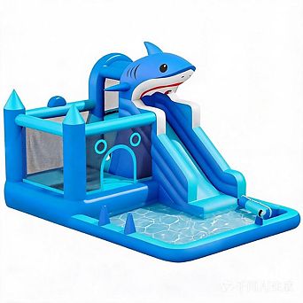 All-in-One Inflatable Water Park, Shark Theme Bounce House Slide Trampoline Play Set for Children
