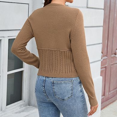 Women's Crew Neck Cable Knit Button Down Cardigan Sweater with Long Sleeves