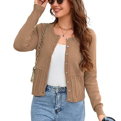 Women's Crew Neck Cable Knit Button Down Cardigan Sweater with Long Sleeves