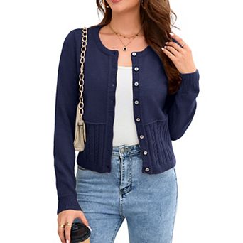 Women's Crew Neck Cable Knit Button Down Cardigan Sweater with Long Sleeves