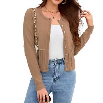 Women's Crew Neck Cable Knit Button Down Cardigan Sweater with Long Sleeves