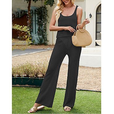 Women’s Summer Sleeveless Knit Mesh Set with Tank Sweater and Openwork Pants