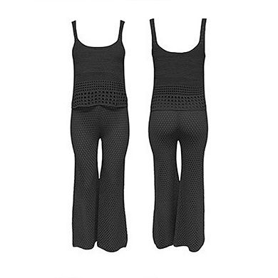 Women’s Summer Sleeveless Knit Mesh Set with Tank Sweater and Openwork Pants