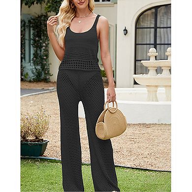 Women’s Summer Sleeveless Knit Mesh Set with Tank Sweater and Openwork Pants