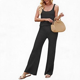 Women’s Summer Sleeveless Knit Mesh Set with Tank Sweater and Openwork Pants