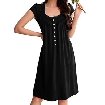 Women's Square Neck Lace Trim Short Sleeve Nightgown Soft Vintage Casual Sleep Dress