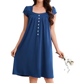 Women's Square Neck Lace Trim Short Sleeve Nightgown Soft Vintage Casual Sleep Dress