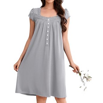 Women's Square Neck Lace Trim Short Sleeve Nightgown Soft Vintage Casual Sleep Dress