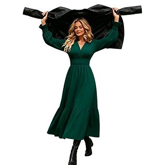 Women's Floral Bohemian Style Long Sleeved Wrap Up V Neck Ruffled Flowy Long Dress