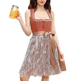 Women's Oktoberfest Dirndl Dress 2 pc Traditional Bavarian Costume with Lace & Sequin Apron