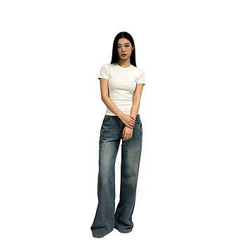 Women's Retro Washed Pleated Jeans Mid Rise Loose Straight Leg Casual Jeans