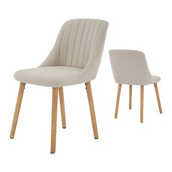 Set of 2 Mid Century Upholstered Dining Chairs, Linen High Back Accent Chairs with Wood Legs