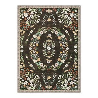 Vintage Floral Garden Washable Rug, Non-Slip Low-Pile Stain Resistant Foldable Carpet