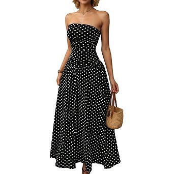 Women's polka dot strapless dress summer pleated strapless casual long flowing dress
