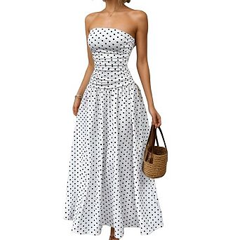 Women's polka dot strapless dress summer pleated strapless casual long flowing dress