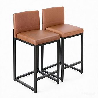 Set of 2 Counter Height Bar Stools, Upholstered Faux Leather Bar Chairs with Backrest & Footrest