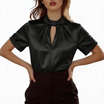 Women Satin Short Sleeve Blouse Tie Keyhole Neck Dressy Office Shirt with Back Cutout