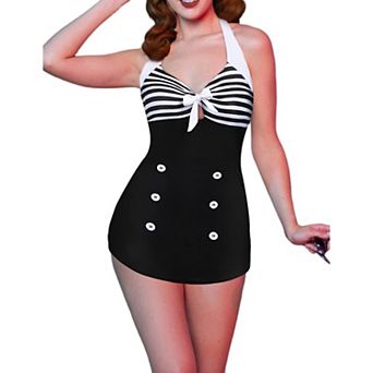 Ekouaer Womens One Piece Swimsuits Vintage Striped Skirt Bathing Suit Vintage Retro Push Up Swimwear