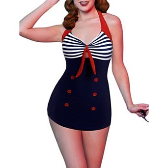 Ekouaer Womens One Piece Swimsuits Vintage Striped Skirt Bathing Suit Vintage Retro Push Up Swimwear