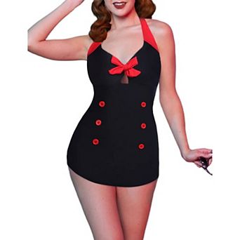 Ekouaer Womens One Piece Swimsuits Vintage Striped Skirt Bathing Suit Vintage Retro Push Up Swimwear