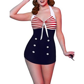 Ekouaer Womens One Piece Swimsuits Vintage Striped Skirt Bathing Suit Vintage Retro Push Up Swimwear