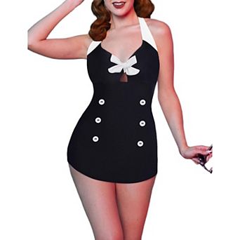 Ekouaer Womens One Piece Swimsuits Vintage Striped Skirt Bathing Suit Vintage Retro Push Up Swimwear