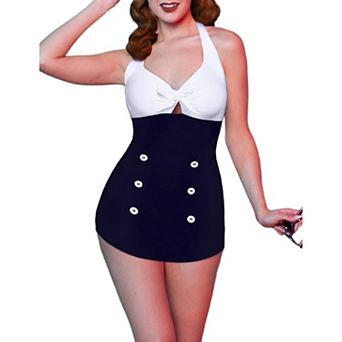 Ekouaer Womens One Piece Swimsuits Vintage Striped Skirt Bathing Suit Vintage Retro Push Up Swimwear