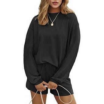 Ekouaer Two Pieces Lounge Set for Women Long Sleeve Pajamas Top and Shorts Matching Sets Outfits