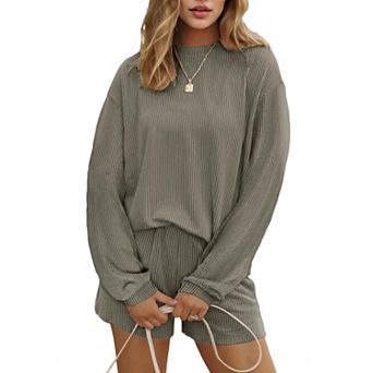 Ekouaer Two Pieces Lounge Set for Women Long Sleeve Pajamas Top and Shorts Matching Sets Outfits