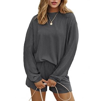 Ekouaer Two Pieces Lounge Set for Women Long Sleeve Pajamas Top and Shorts Matching Sets Outfits