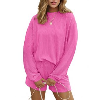 Ekouaer Two Pieces Lounge Set for Women Long Sleeve Pajamas Top and Shorts Matching Sets Outfits
