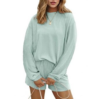 Ekouaer Two Pieces Lounge Set for Women Long Sleeve Pajamas Top and Shorts Matching Sets Outfits
