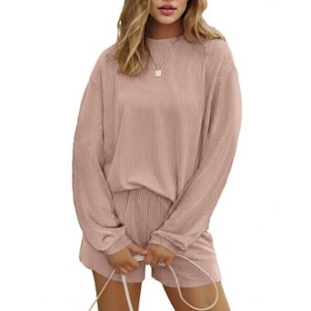 Ekouaer Two Pieces Lounge Set for Women Long Sleeve Pajamas Top and Shorts Matching Sets Outfits