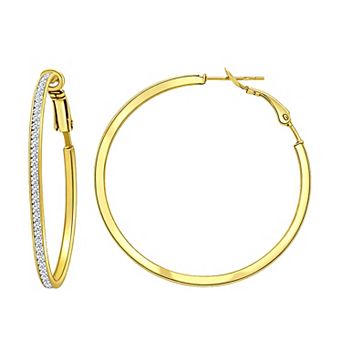 Aleure Precioso 18k Gold Flash Plated & Sterling Silver Channel Set Round Cubic Zirconia Hoop Earrings
