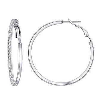 Aleure Precioso 18k Gold Flash Plated & Sterling Silver Channel Set Round Cubic Zirconia Hoop Earrings