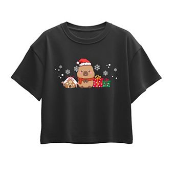 Girls 7-16 CapyFun Capybara Christmas Santa & Gifts Boxy Tee