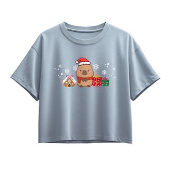 Girls 7-16 CapyFun Capybara Christmas Santa & Gifts Boxy Tee