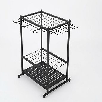 Heavy-Duty 3 tier Steel Garden Tool Organizer Rack,Storage Shelf with Long-Handled Tool Slots&Hooks