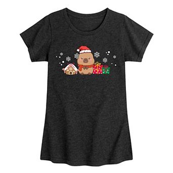 Girls 7-16 CapyFun Capybara Christmas Santa & Gifts Graphic Tee