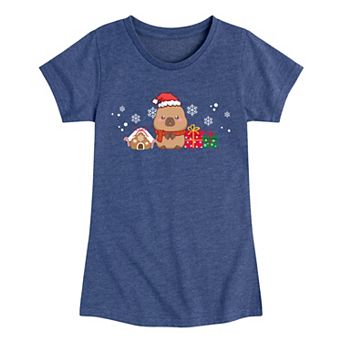 Girls 7-16 CapyFun Capybara Christmas Santa & Gifts Graphic Tee