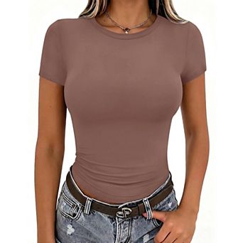 Zeagoo Women Crewneck Slim Fitted Short Sleeve T Shirts Cute Stretchy Bodycon Basic Tee Tops
