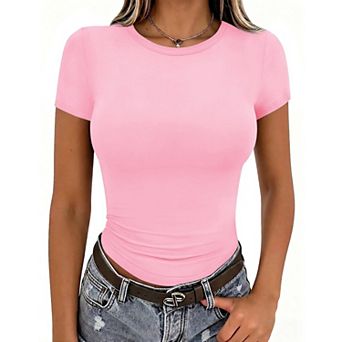 Zeagoo Women Crewneck Slim Fitted Short Sleeve T Shirts Cute Stretchy Bodycon Basic Tee Tops