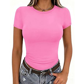 Zeagoo Women Crewneck Slim Fitted Short Sleeve T Shirts Cute Stretchy Bodycon Basic Tee Tops