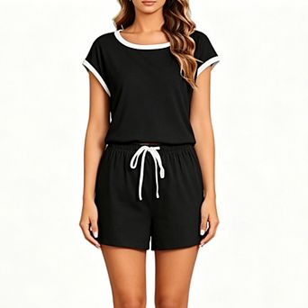 Womens Summer Casual 2 pc Boho Set Loose Fit Short Sleeve Crew Neck Top Drawstring Elastic Shorts