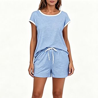 Womens Summer Casual 2 pc Boho Set Loose Fit Short Sleeve Crew Neck Top Drawstring Elastic Shorts