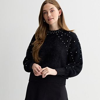 Women's Farmers Market Pearl Detail Black Pullover Sweater